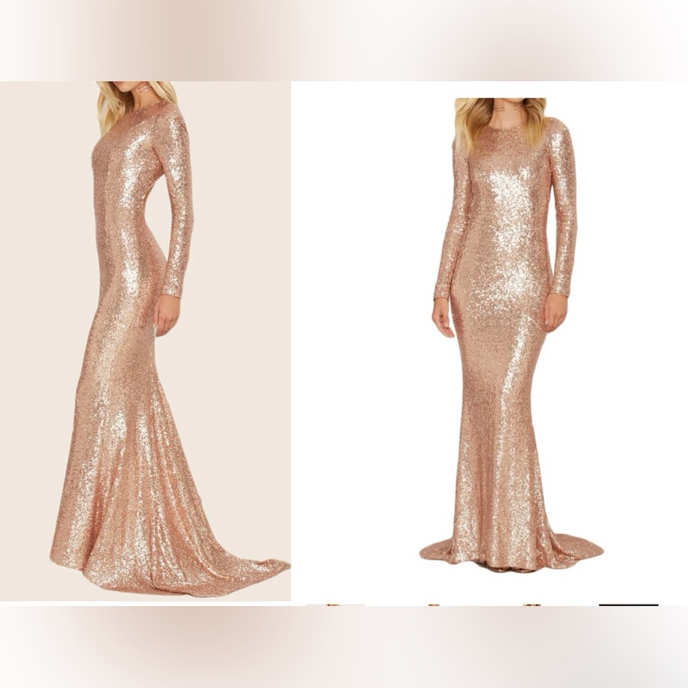 NWT MACloth Mermaid Long Sleeves Sequin Formal Evening Gown Rose Gold Prom Dress